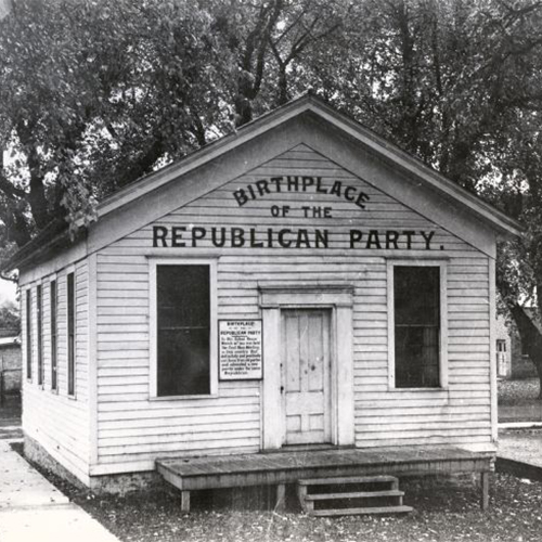 Exterior view of the birthplace of the Republican Party, located on the Republican House grounds, in Fond du Lac. Photo ca. 1950.